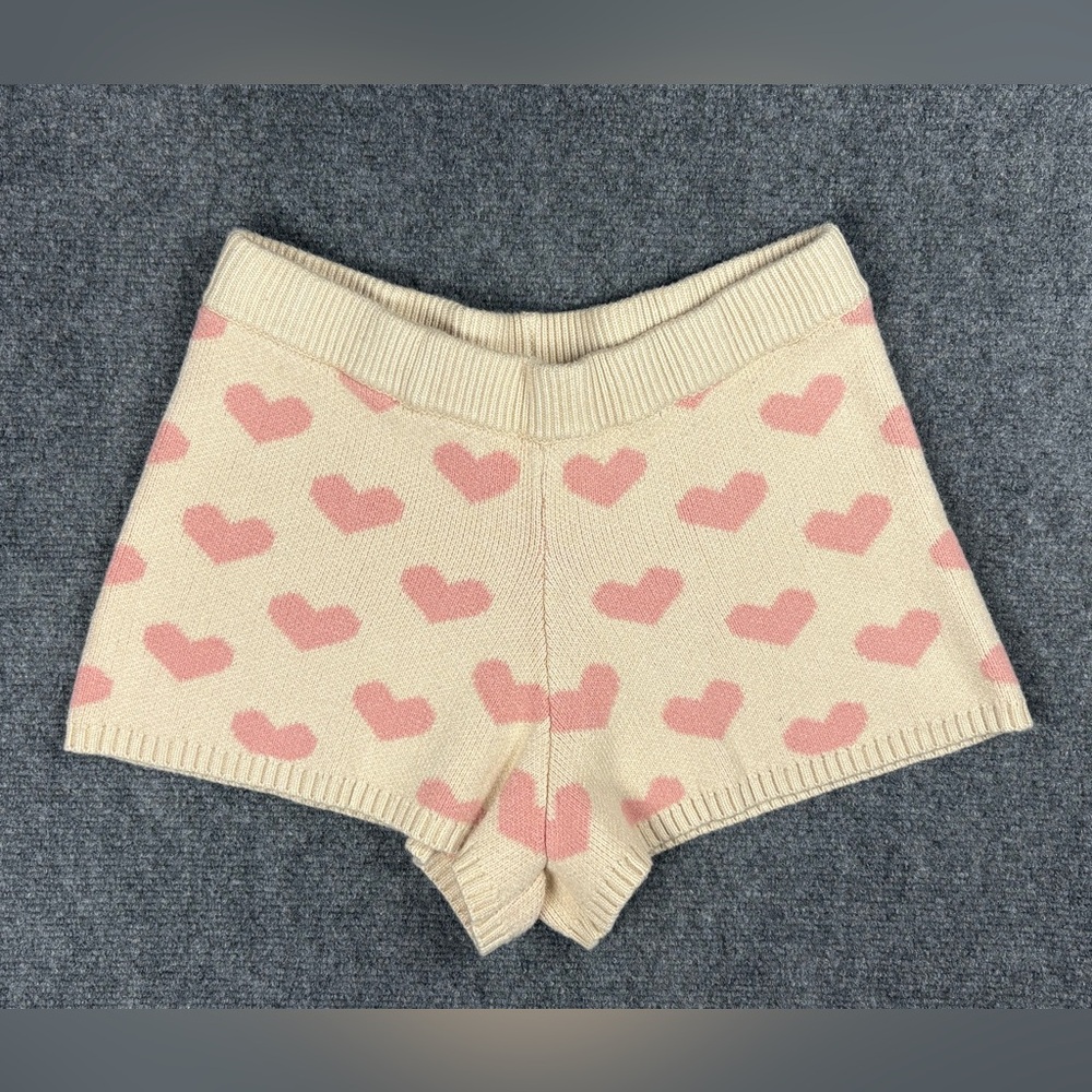 Pink Lily Pink Heart Knit Lounge Shorts Cream Cozy Pull On Size M